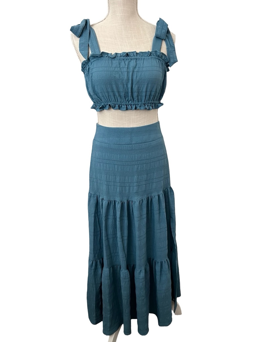 Forever 21 Teal Blue Tiered Maxi Skirt with Matching Crop Top
